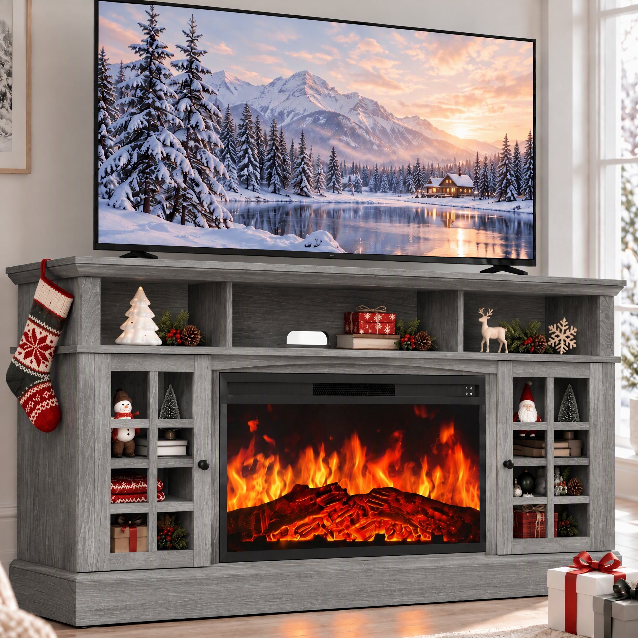 OKD, Fireplace TV Stand, White, for TVs up to 80