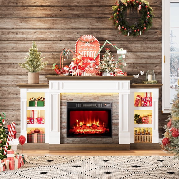 Electric Fireplace with 70" Mantel & LED Lights, Stacked Stone Surround with 23" Fireplace Insert, Adjustable Flame, Remote Control, White & Brown