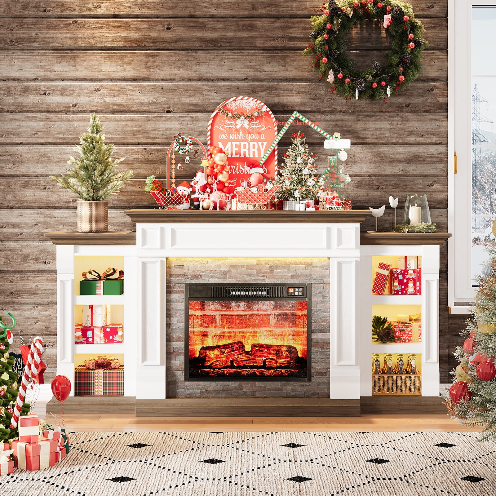 Electric Fireplace with 70" Mantel & LED Lights, Stacked Stone Surround with 23" Fireplace Insert, Adjustable Flame, Remote Control, White & Brown