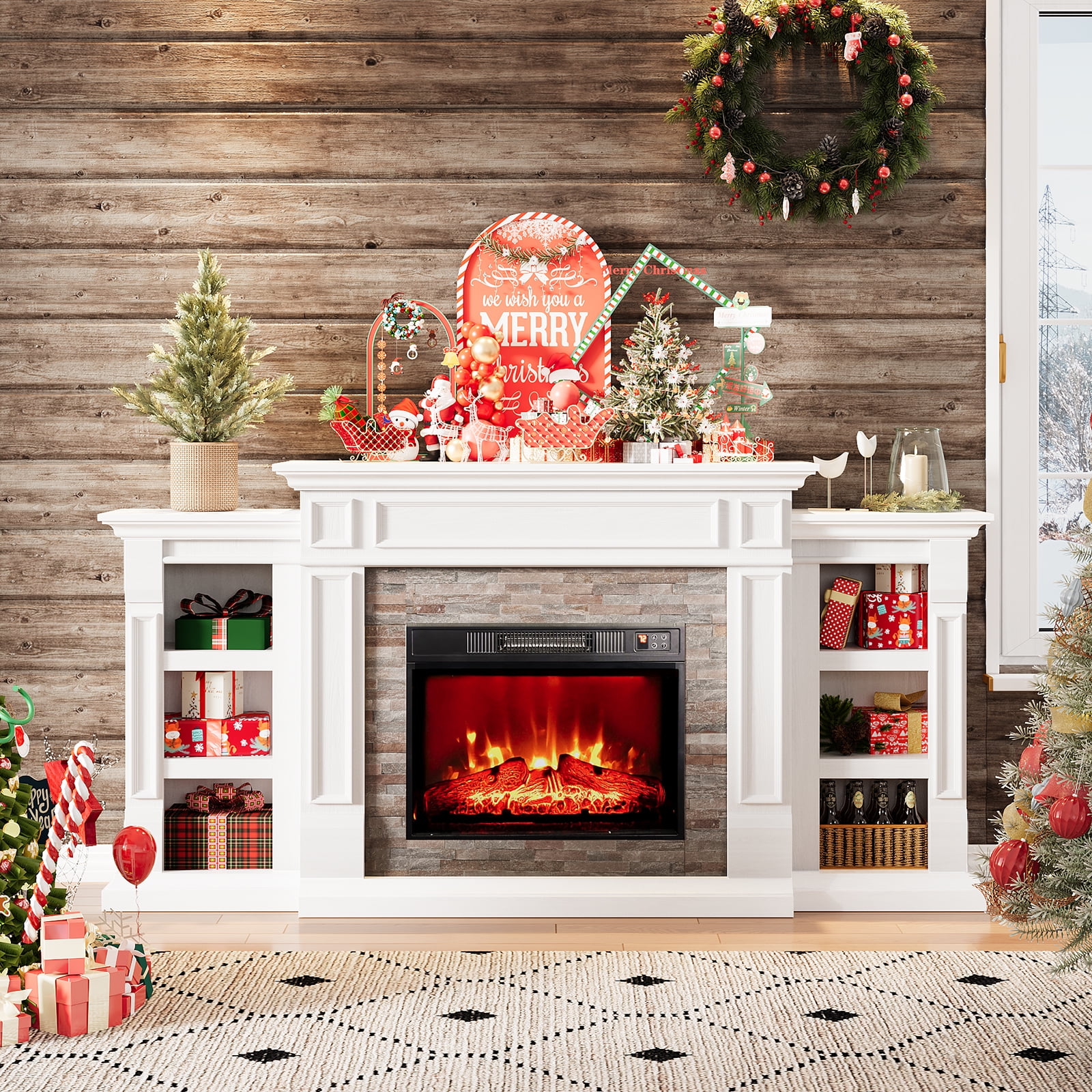 Electric Fireplace with 70" Mantel, Stacked Stone Surround with 23" Fireplace Insert, Adjustable Flame, Remote Control, White & Brown