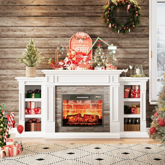 Electric Fireplace with 70" Mantel, Stacked Stone Surround with 23" Fireplace Insert, Adjustable Flame, Remote Control, White