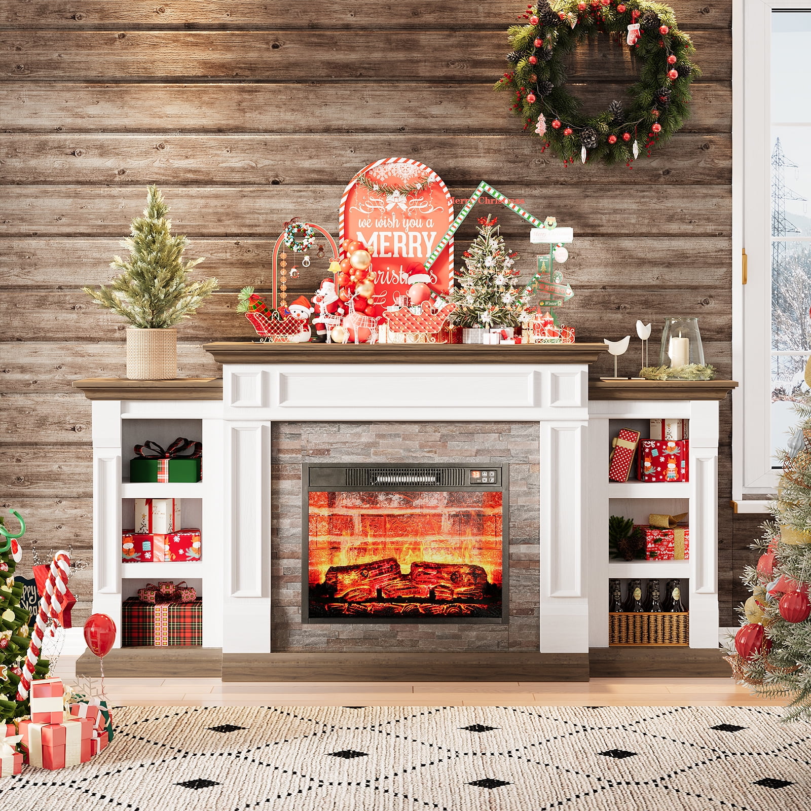 Electric Fireplace with 70" Mantel, Stacked Stone Surround with 23" Fireplace Insert, Adjustable Flame, Remote Control, White