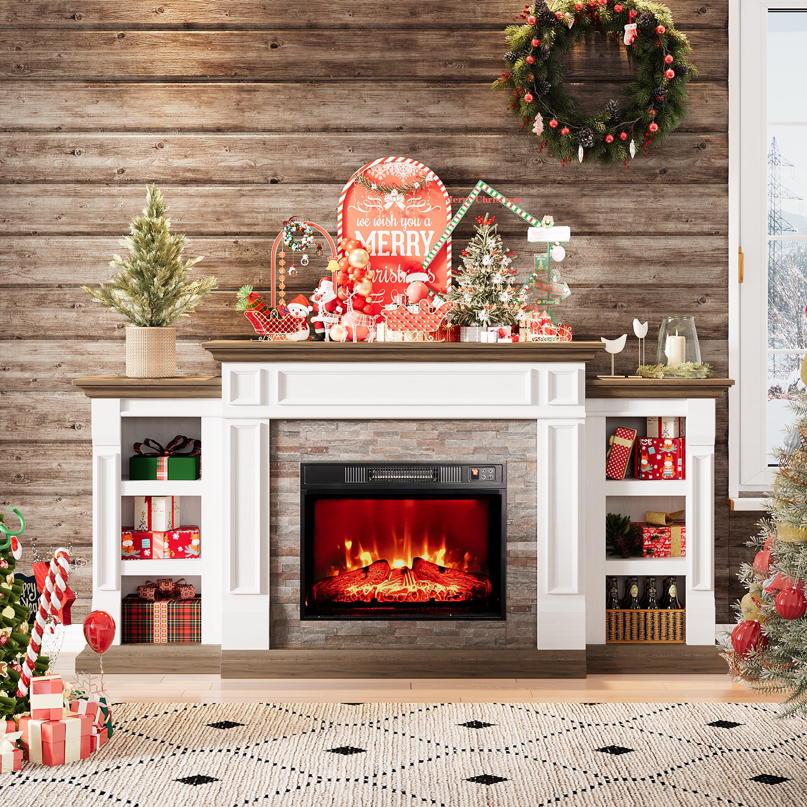Electric Fireplace with 70" Mantel, Stacked Stone Surround with 23" Fireplace Insert, Adjustable Flame, Remote Control, White
