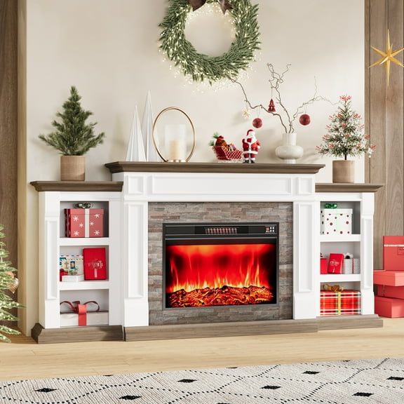 Electric Fireplace with 80" Mantel, Stacked Stone Surround with 30" Fireplace Insert, Adjustable Flame, Remote Control, White & Brown