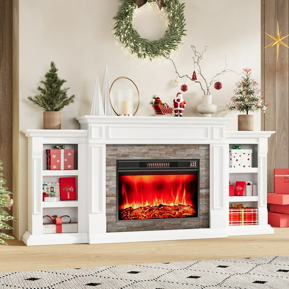 Electric Fireplace with 80" Mantel, Stacked Stone Surround with 30" Fireplace Insert, Adjustable Flame, Remote Control, White