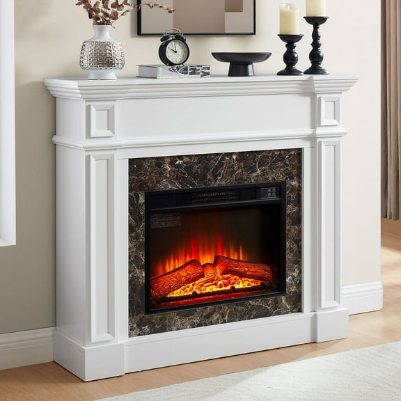 Electric Fireplace with Mantel Realistic Stacked Stone Surround 45.66"W*11.8"D*40"H Remote Control Timer LED Flame Compact And Space Saving