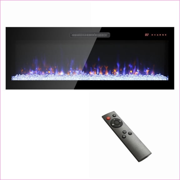 Electric Fireplaces 50in Wall-Mount/Recessed Multi-Color Flame, Remote | Tempered Glass+Sheet Metal