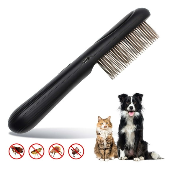 Petjoy Electric Flea Comb for Dogs & Cats with Long HairFlea Brush for Dogs-3-Row Stainless Steel Detection Tool with Manual Cleaning Brush | Electric Negative Ion Grooming Comb ,Black