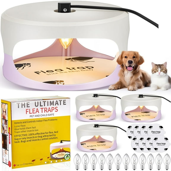Electric Flea Trap Indoor Bed Bug Light Trap with 4 Packs 8 Sticky Discs 12 Bulbs Safe to Pets - WHITE PURPLE