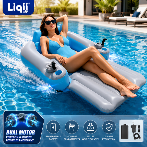 Electric Float - Rechargeable Dual Motor Water Lounger, Inflatable Pool Raft with Dual Motors, 2 Storage Compartments, Holds up to 250 lbs, Adult Pool Water Float