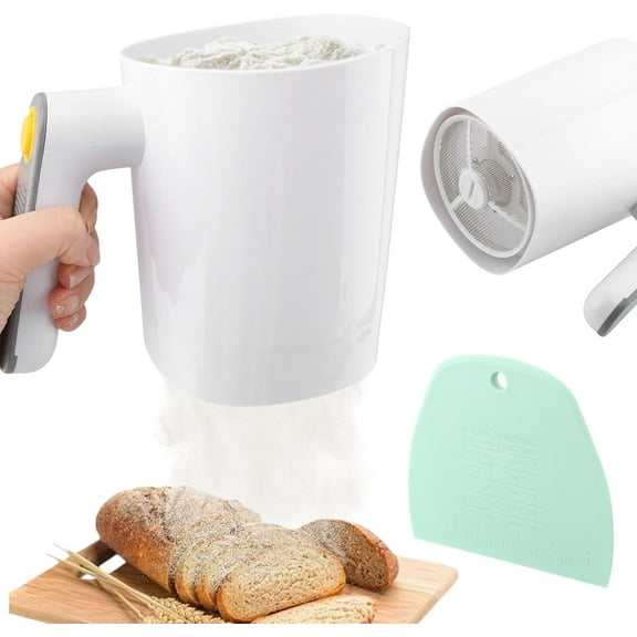 Electric Flour Sifter, Battery Operated Flour Sieve with Dough Scraper, 32oz/1L Large Capacity, Ergonomic Handle for Effortless Baking & Cooking