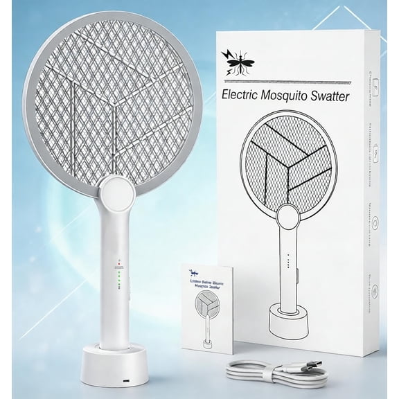 Electric Fly Swatter, 2In1 Bug Zapper Racket Mosquito Killer with TypeC Charging Base, Triple Safety Mesh & Dual Lock Switch, 4000V HighVoltage Bug Catcher for Bedroom, Patio, Camping