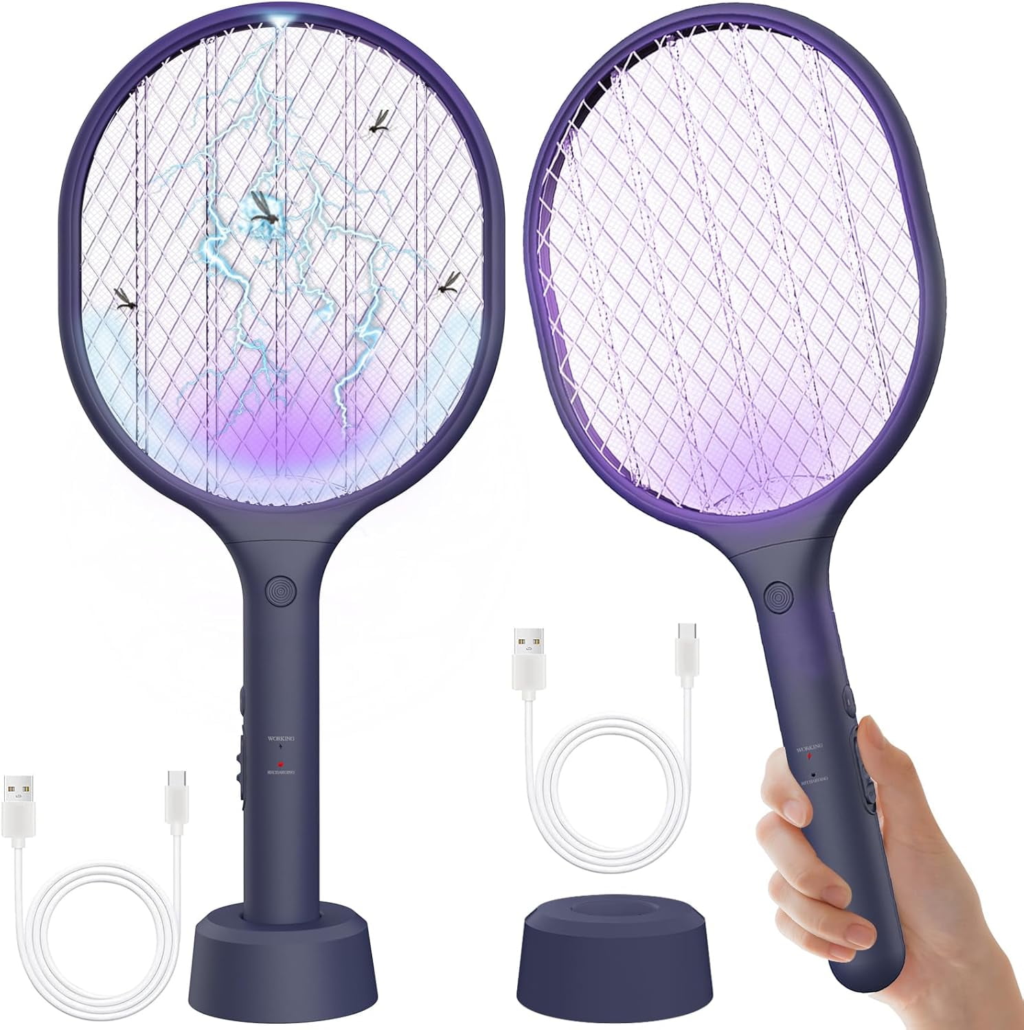 Kitched Racket Electric Fly Swatter 2 Pack, 3000V Bug Zapper Racket Fly Zapper with ...