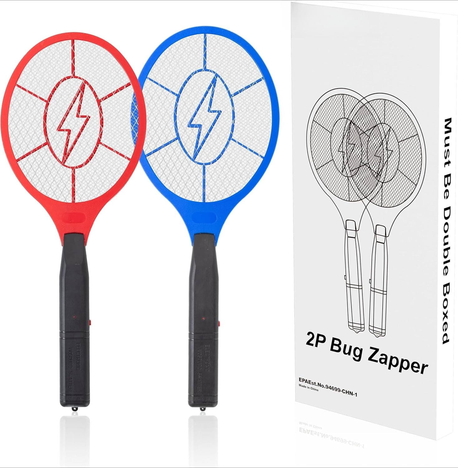 Electric Fly Swatter 2 Pack (Red & Blue), Battery Powered Bug Zapper Racket for Mosquitoes & Flies, Safe Protective Mesh, Indoor & Outdoor Use, Batteries Not Included