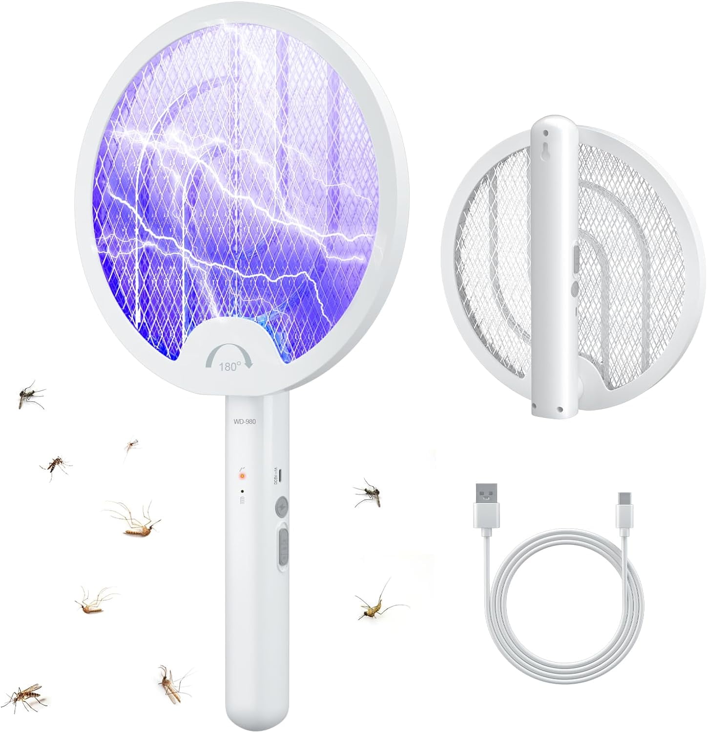 Electric Fly Swatter 4000V 2 in 1 Bug Zapper Racket Fly Killer Mosquitoes Trap Lamp Rechargeable with 1200mAh Battery for Indoor Home Office Backyard Patio Camping (1 Pack)-White
