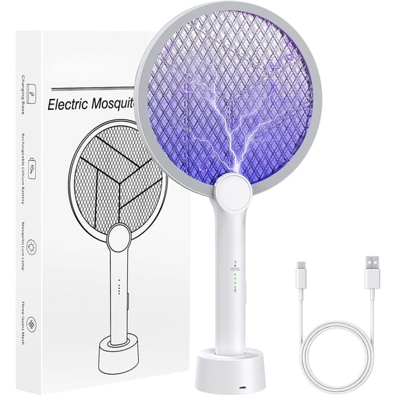 Electric Fly Swatter 4000V, 2 in 1 Bug Zapper Racket Indoor Outdoor | 3-Layer Safety Mesh, USB Rechargeable Base Fly Zapper Racket for Home, Camping, Yard