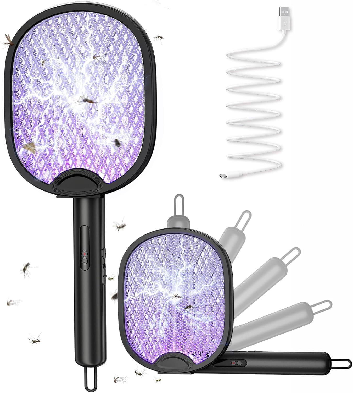 Electric Fly Swatter 4000V Bug Zapper Racket with 1800mAh Rechargeable Battery 5-Layer Safety Mesh Dual Modes 180° Foldable Ideal for Indoor or Outdoor Use (Black)
