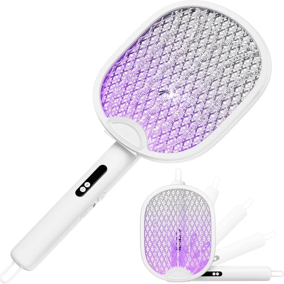 Electric Fly Swatter 4000V Bug Zapper Racket with 1800mAh Rechargeable Battery 5-Layer Safety Mesh Dual Modes 180 Foldable Ideal for Indoor or Outdoor Use (White)