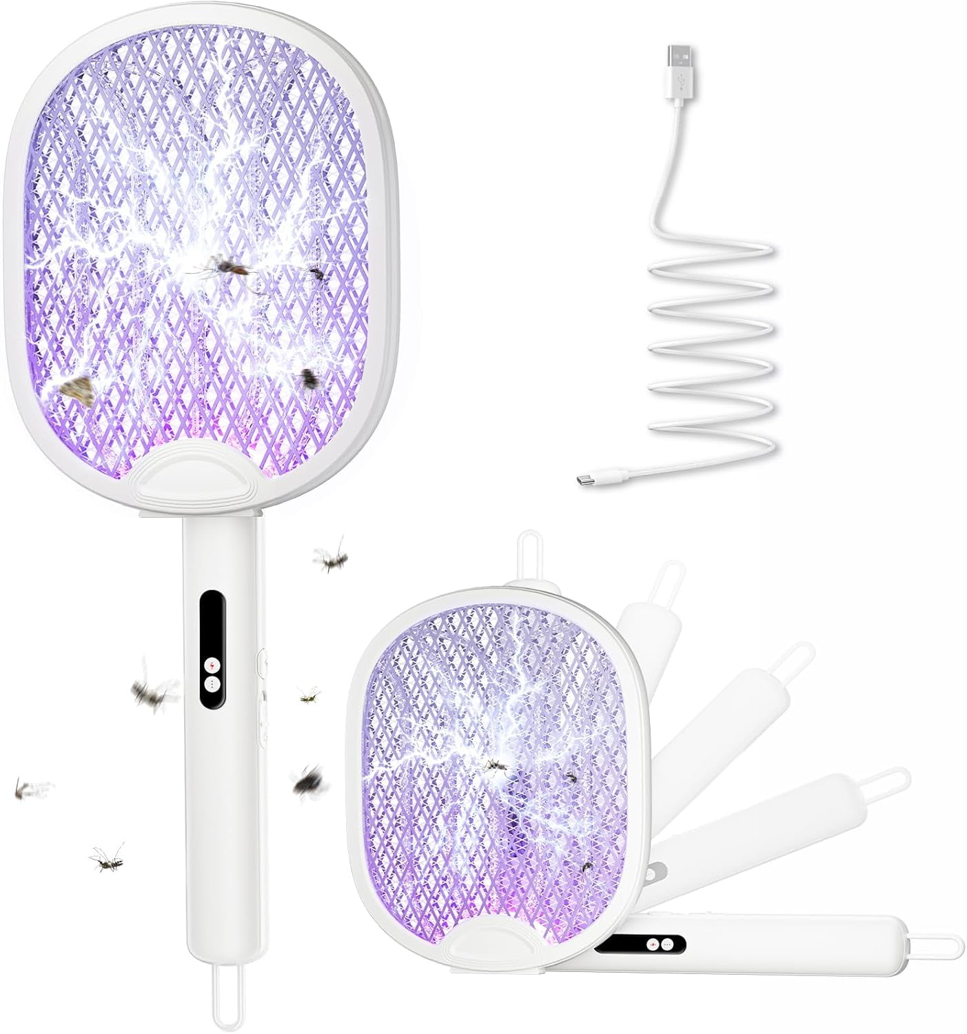 Electric Fly Swatter 4000V Bug Zapper Racket with 1800mAh Rechargeable Battery 5-Layer Safety Mesh Dual Modes 180° Foldable Ideal for Indoor or Outdoor Use (White)