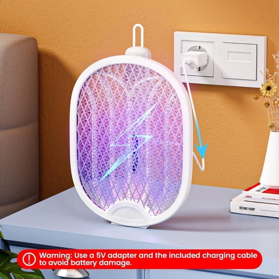 Electric Fly Swatter 4000V Bug Zapper Racket with 1800mAh Rechargeable Battery 5-Layer Safety Mesh Dual Modes 180° Foldable Ideal for Indoor or Outdoor Use (White)