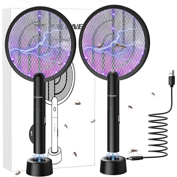 Electric Fly Swatter 4000V Bug Zapper Racket 2 in 1 Fly Swatter with 1200mAh Battery Rechargeable Mosquito Killer Lamp with 3 Layers Safety Mesh for Indoor and Outdoor (Black 2 Pack)