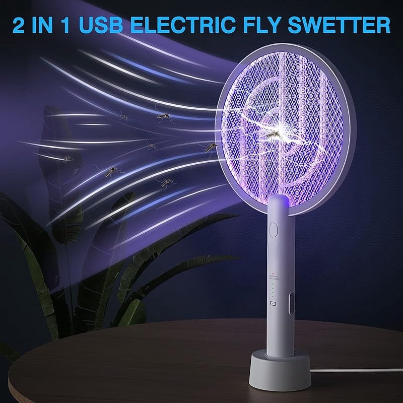 Electric Fly Swatter 4000V Bug Zapper Racket 2 in 1 Fly Swatter with 1200mAh Battery Rechargeable Mosquito Killer Lamp with 3 Layers Safety Mesh for Indoor and Outdoor