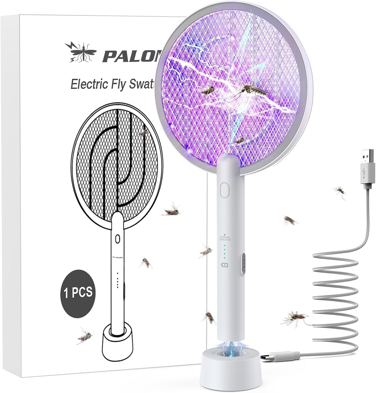 Electric Fly Swatter 4000V Bug Zapper Racket 2 in 1 Fly Swatter with 1200mAh Battery Rechargeable Mosquito Killer Lamp with 3 Layers Safety Mesh for Indoor and Outdoor