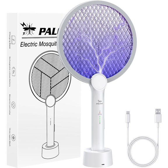 Electric Fly Swatter, 4000V Bug Zapper Racket, 2 in 1 Indoor Outdoor Mosquito Killer with 3-Layer Safety Mesh, Fly Zapper Racket with USB Rechargeable Base for Pest Insect Control 1 Pack
