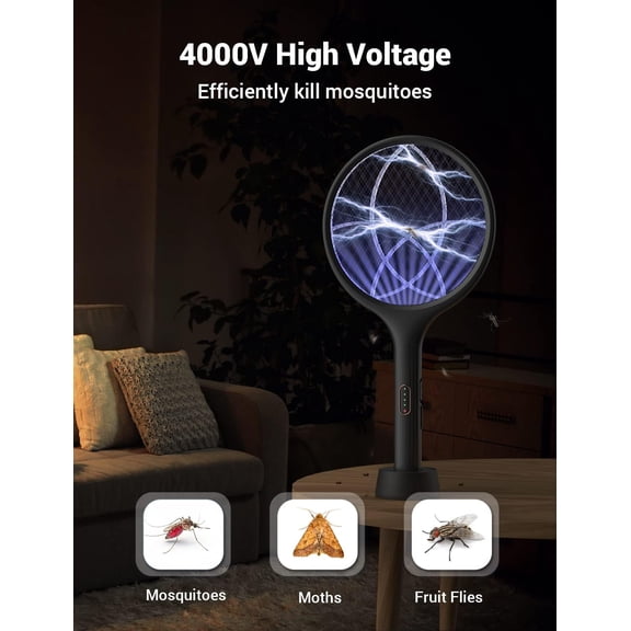 Electric Fly Swatter 4000V Bug Zapper Racket Dual Modes Mosquito Killer with Purple Mosquito Light Rechargeable for Indoor Home Office Backyard Patio Camping (1, Black)