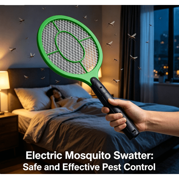 Electric Fly Swatter, Battery Operated Bug Zapper Racket for Indoor Outdoor, 3-Layer Mesh Insect Killer for Home Kitchen Patio Camping, Green