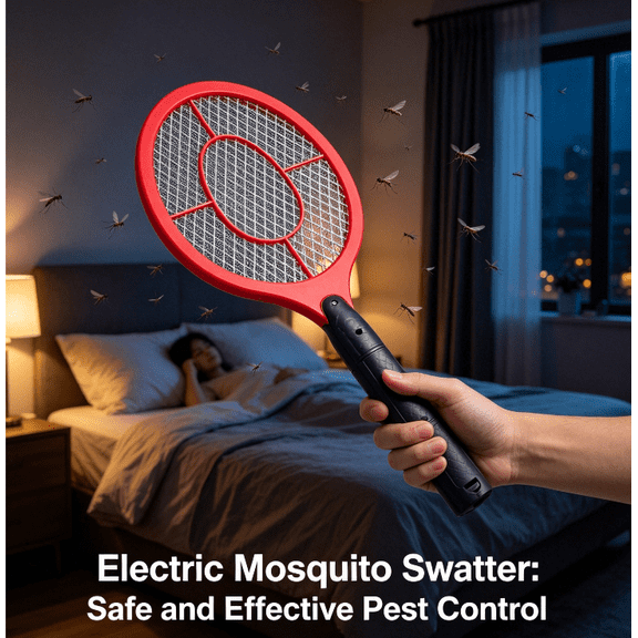 Electric Fly Swatter, Battery Operated Bug Zapper Racket for Indoor Outdoor, 3-Layer Mesh Insect Killer for Home Kitchen Patio Camping, Red