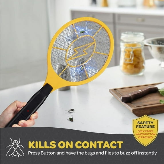 Electric Fly Swatter Bug Zapper for Mosquito - Indoor Outdoors Zapping Racket for Pest - Safe to Touch with 3-Layer Safety Mesh, Standard Size, Pack of 1 (2 AA Batteries not Included)
