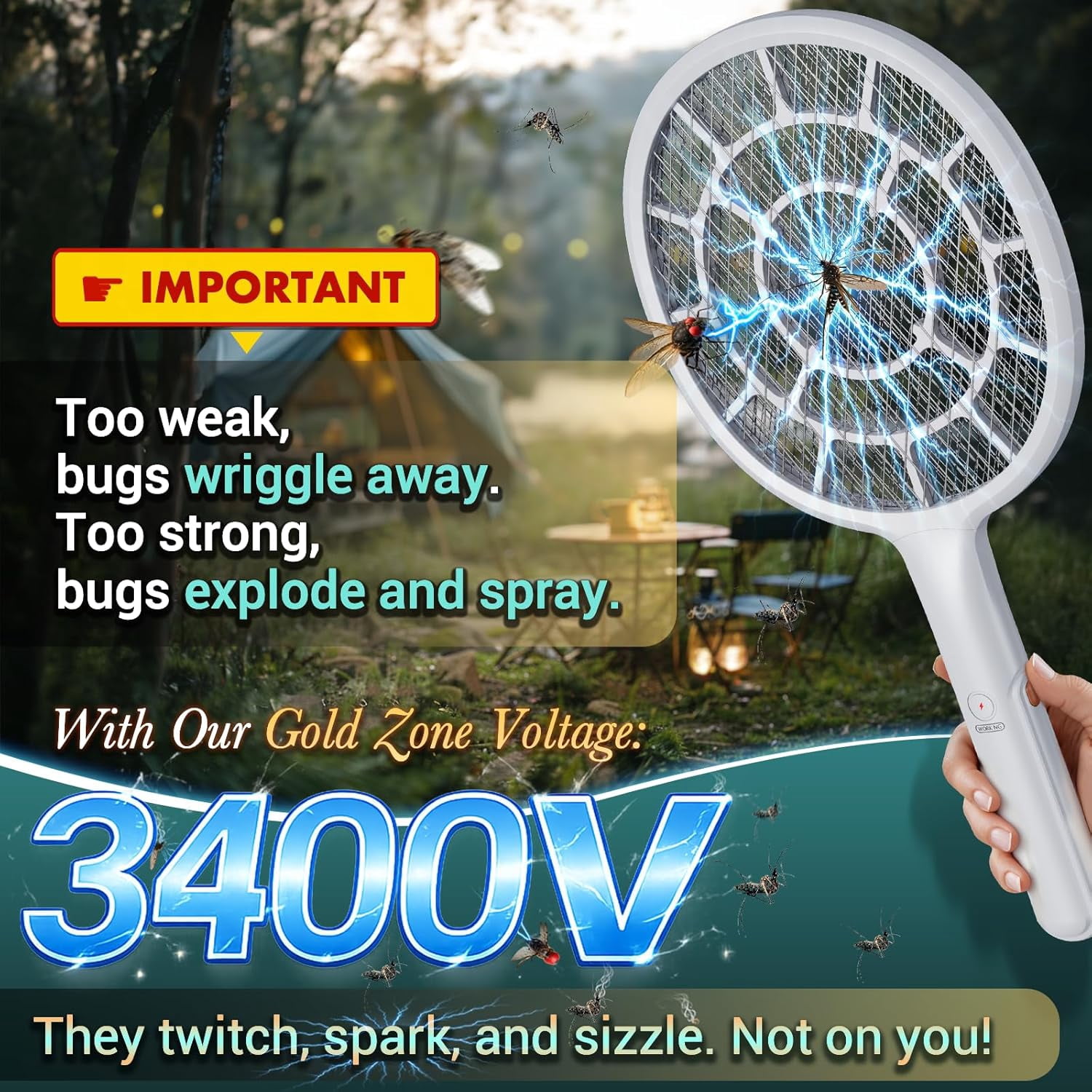 Electric Fly Swatter, Bug Zapper, Mosquito Zapper Racket | Gold Zone Voltage, Densest 3 mm Mesh, Apple-Like Weight - AA Battery Powered - Indoor & Outdoor Use
