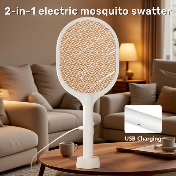 Electric Fly Swatter Bug Zapper Racket with 1200Mah Battery Rechargeable 2-In-1 Fly Zapper Purple Mosquito Killer Lamp with 3 Layers of Safety Net Suitable for Indoor And Outdoor