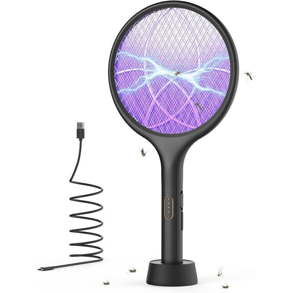 Electric Fly Swatter Bug Zapper Racket Dual Modes Mosquito Killer with Purple Mosquito Light Rechargeable for Indoor Home Office Backyard Patio Camping