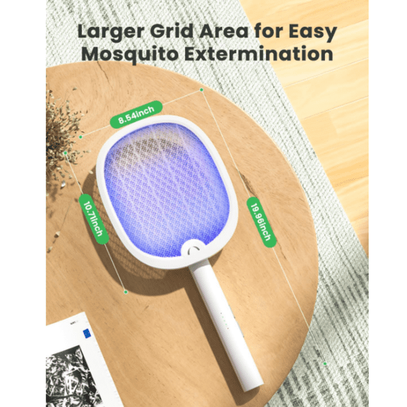 Electric Fly Swatter Foldable Bug Zapper Racket 2 in 1 Mosquito Killer with Purple Attractant Light Rechargeable 1800mAh for Indoor Home Backyard Patio Camping, White