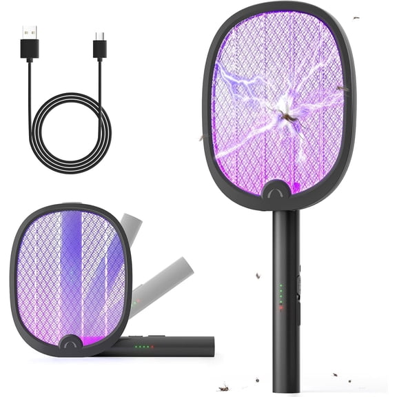 Electric Fly Swatter Foldable Bug Zapper Racket 2 in 1 Mosquito Killer with Purple Attractant Light Rechargeable 1800mAh for Indoor Home Backyard Patio Camping