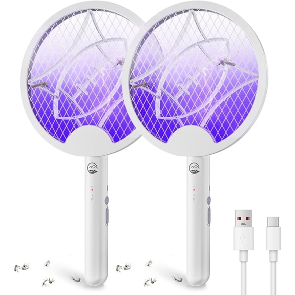 Electric Fly Swatter Racket, 2 in 1 Smart Bug Zapper & Power Take Off Generators with USB Rechargeable Base, Powerful Mosquitoes Trap Lamp & Fly Killer for Home, Bedroom (White2 Pack)