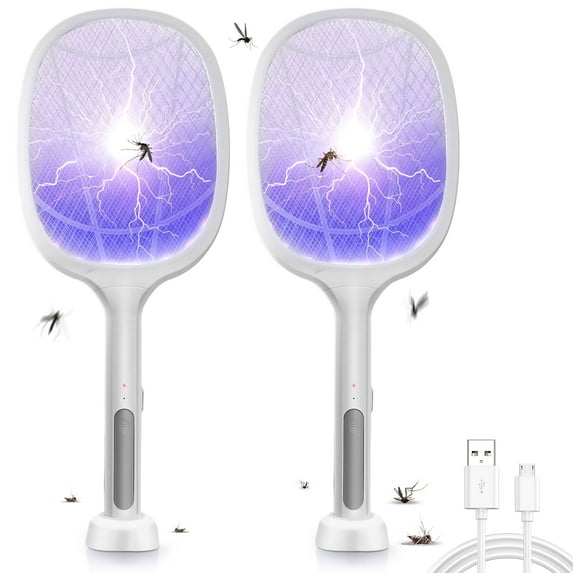 Electric Fly Swatter Racket 2 Pack, 2 in 1 Bug Zapper with USB Rechargeable Base, 4000 Volt Mosquito Killer with 3-Layer Safety Mesh for Pest Insect Control for Indoor、Office、Backyard、Camping