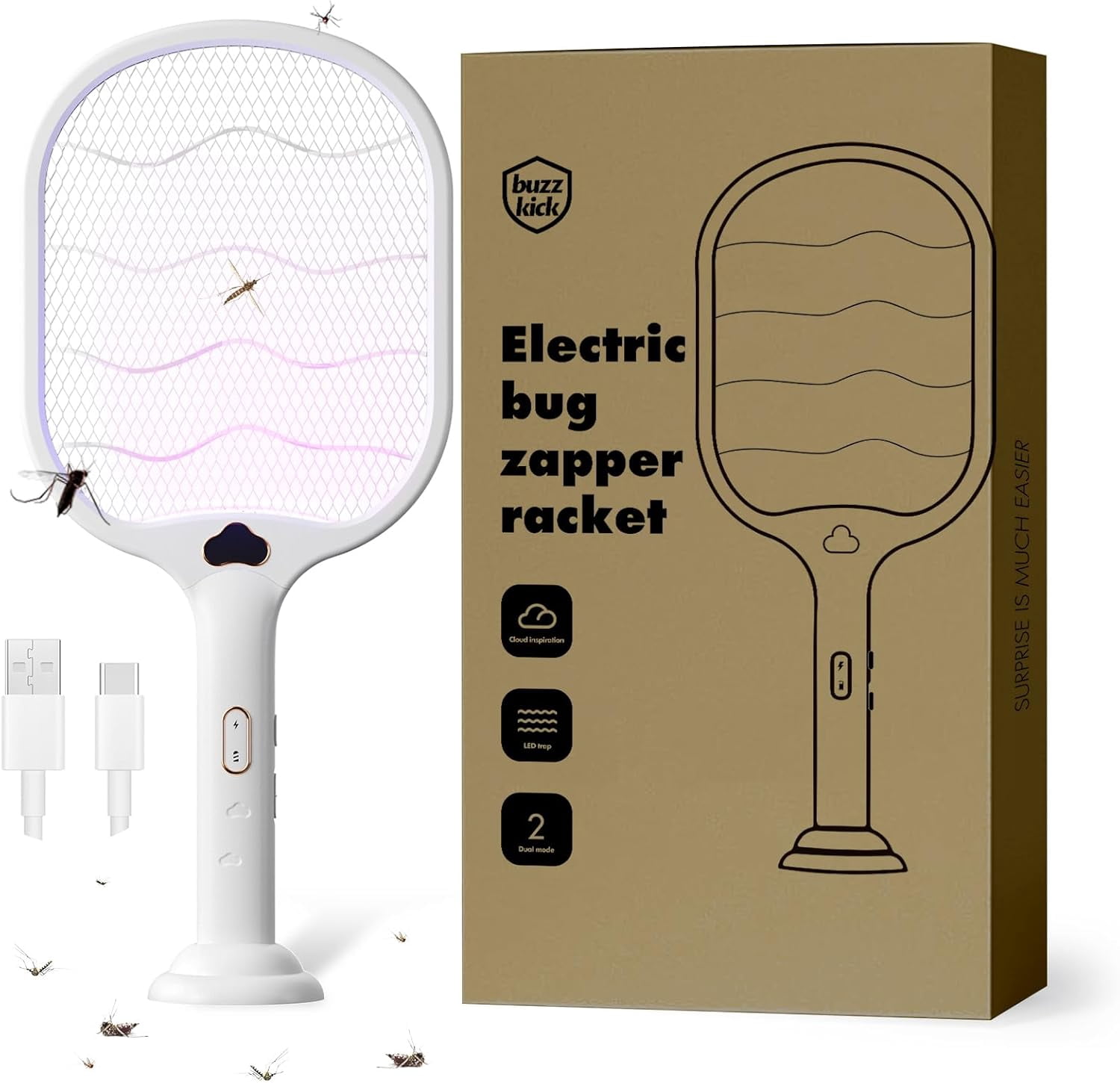 Electric Fly Swatter Racket 3500V Bug Zapper Racket Dual Modes Mosquito ...