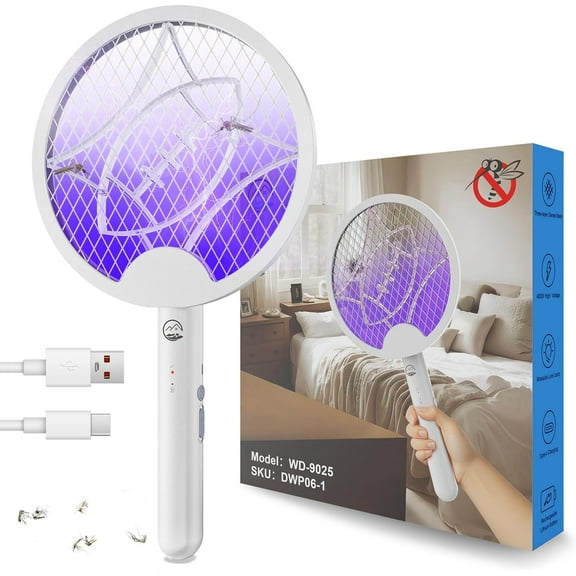 Electric Fly Swatter Racket, Foldable 2 in 1 Bug Zapper with Purple Trap Lamp, 4000V & 1500mAh Powerful Mosquito Trap Killer with Type-C Rechargeable for Indoor Home Office Patio Camp(1 Pack)