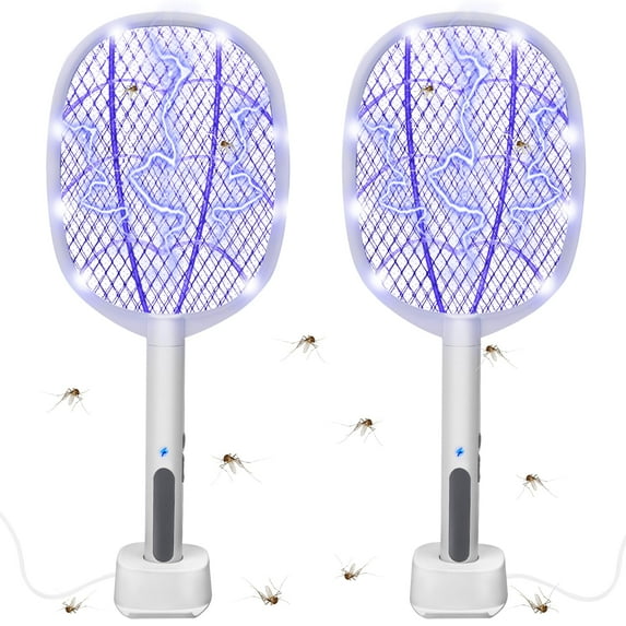 Electric Fly Swatter Rackets 2-in-1 Handhold Zapper With 3000v High Plug-in Mosquito Killer Insect Light 3 Layer Safety Mesh Portable For Indoor Outdoor Use (2)