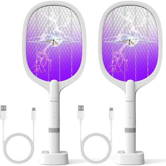 Electric Fly Swatter Rechargeable(2 Pack), 2 in 1 Electric Bug Zapper Racket, Mosquitoes Trap Lamp & Racket, USB-C Charging Stand, Powerful Grid, 3-Layer Safety Mesh, Safe to Touch, for Home Outdoor