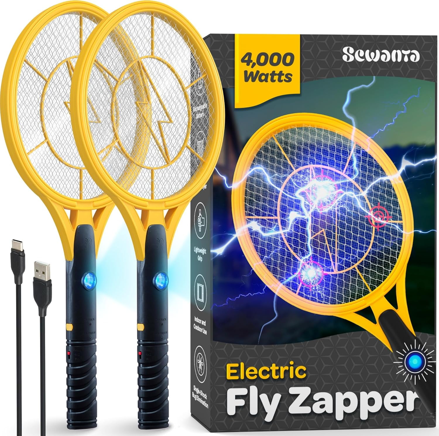 Electric Fly Swatter [Set of 2] Handheld Bug Zapper Racket for Indoor ...