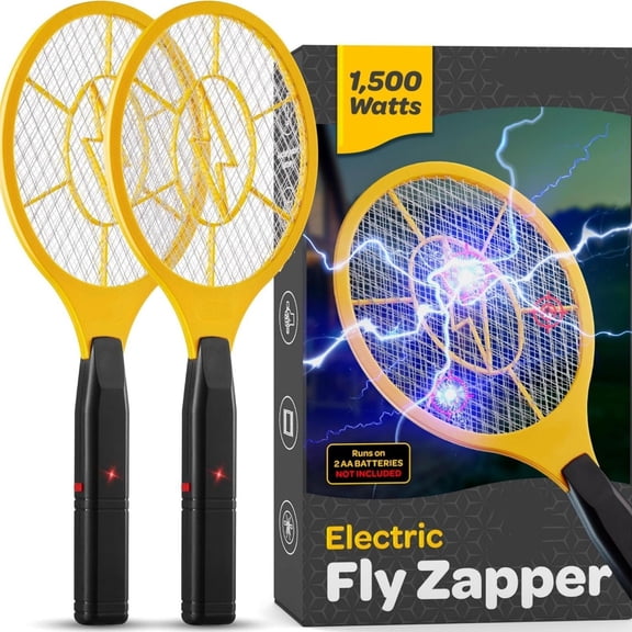 Electric Fly Swatter [Set of 2] Handheld Bug Zapper Racket for Indoor/Outdoor - Powerfull 1500 Volt Instant Flies/Bug & Mosquito - Portable Fly Zapper Battery Operated (AA Batteries not Included)