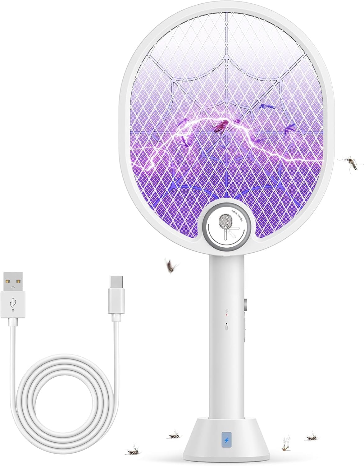 Electric Fly Swatter, Type-C Rechargeable Bug Zapper Racket with Charging Base, Foldable Bug Zapper for Indoor and Outdoor, Mosquito Swatter with Blue-Purple Working Light