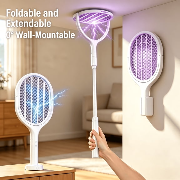 Electric Fly Swatter with Extendable Pole, USB Rechargeable Mosquito Zapper Racket, White