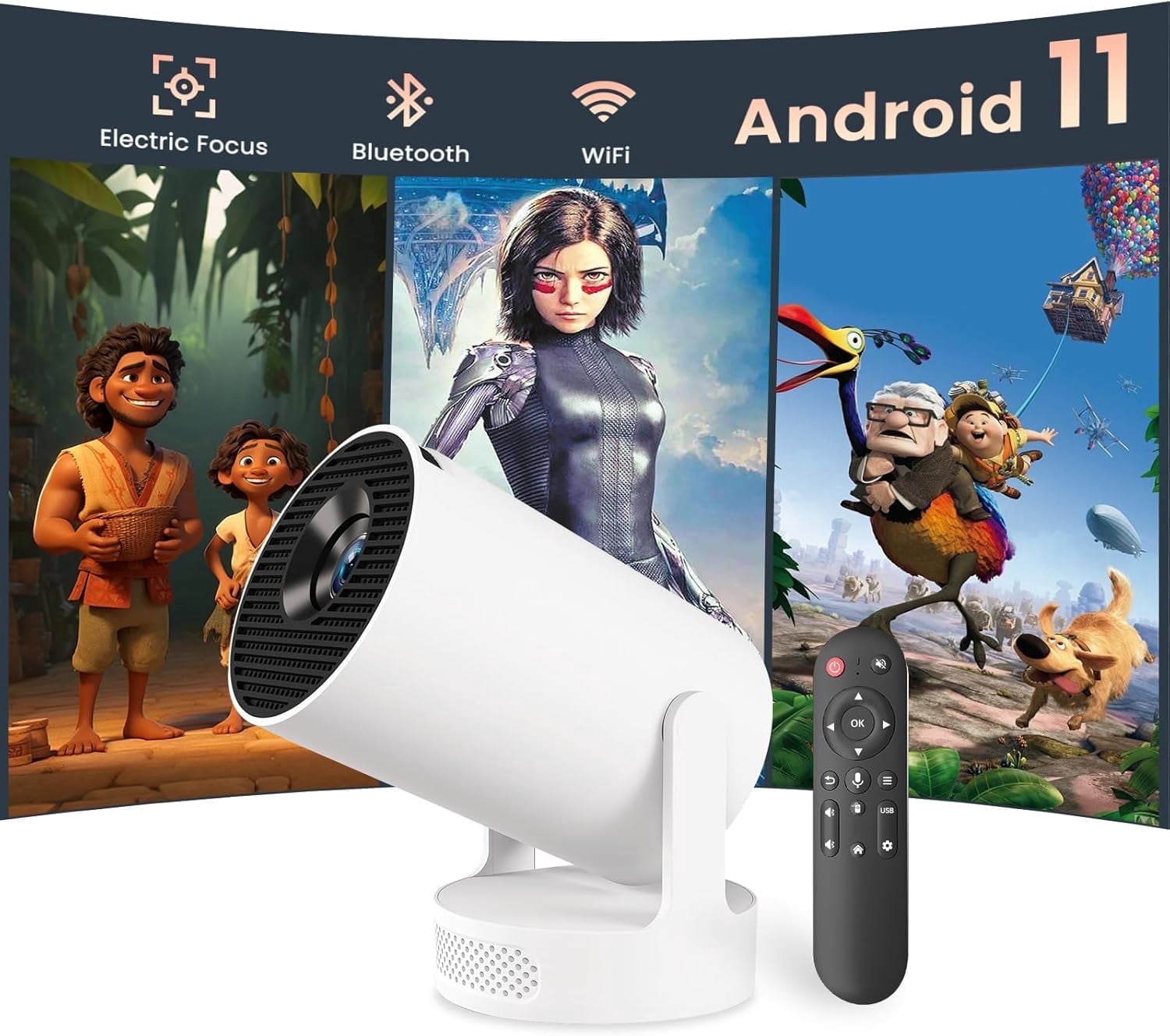 Electric Focus Mini Projector with Wifi and Bluetooth, 4K Support Portable Smart Projectors Video Game Proyector, 5W Soundbase Speaker, for Bedroom Home Theater