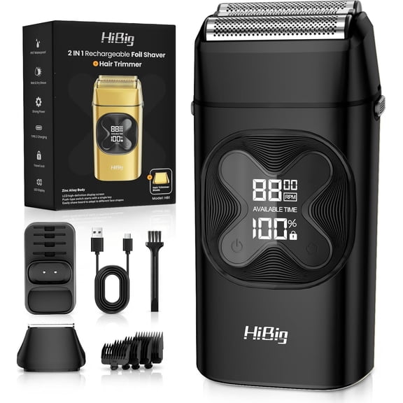 Electric Foil Shavers for Men: 2-in-1 Beard Trimmer for Men, Facial Razor USB-C Rechargeable, Foil Lithium Titanium Foil Shaver Mens Shaving Kit, IPX7 Waterproof, Cordless, USB Charge Dock,Black