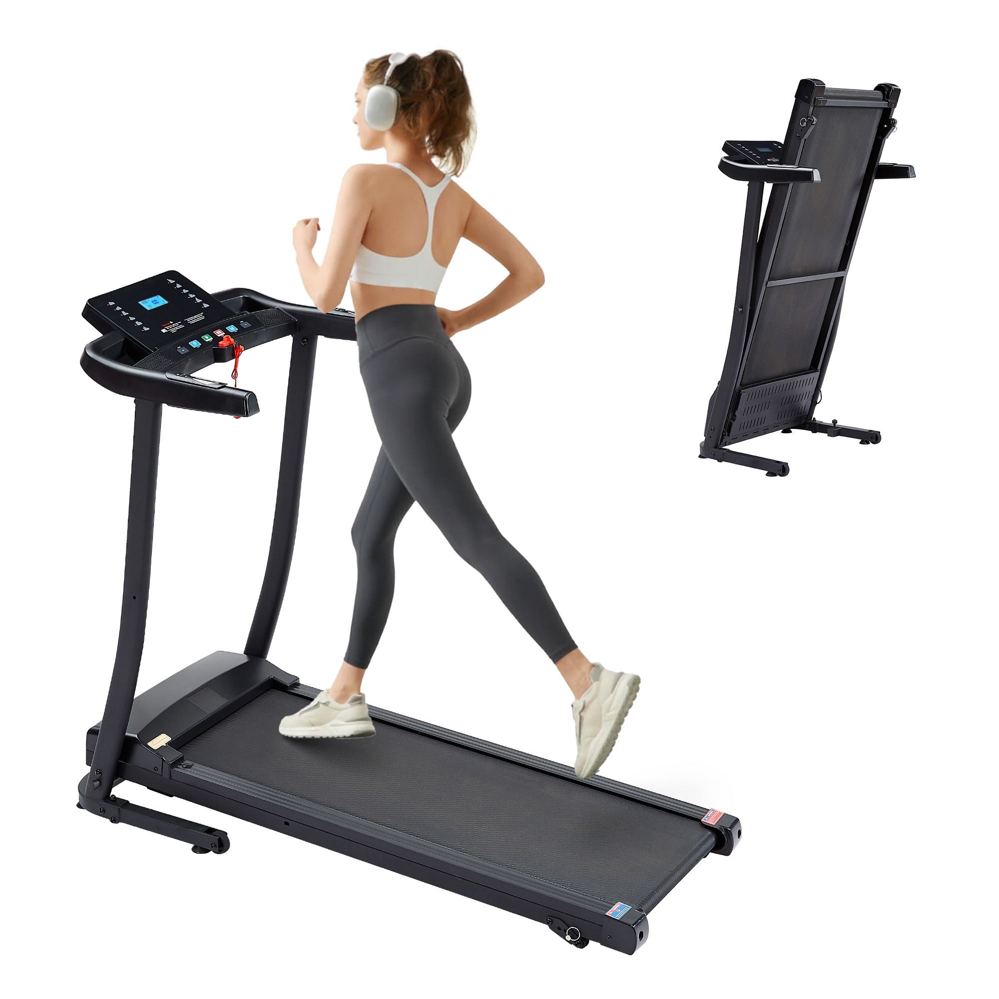 Electric Foldable Treadmill with Transportation Wheels 15.7 Wide Tread Belt Treadmills for Home Digital Folding Exercise Machine w 7.5 MPH Max